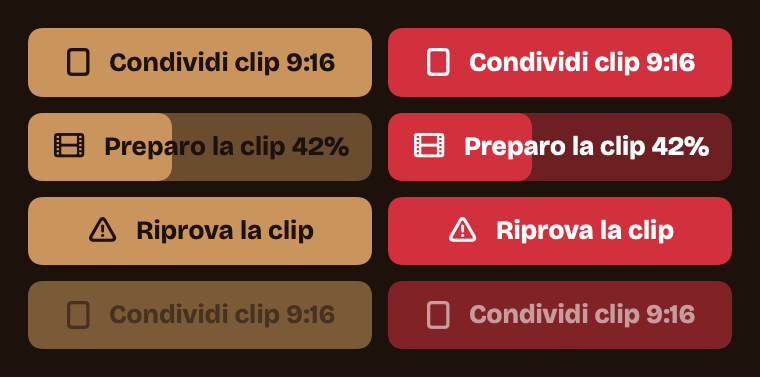 Real app: the Condividi clip 9:16 button in its idle, preparing and retry states