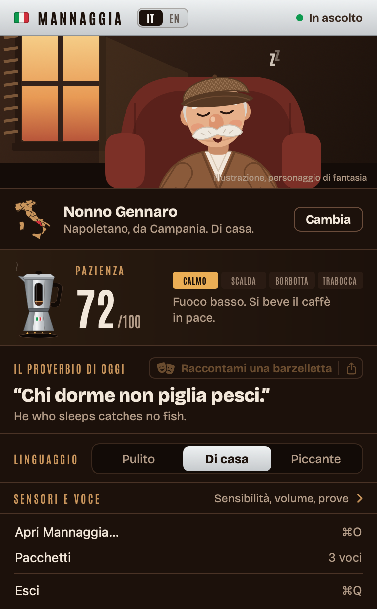 Real app: the Mannaggia menu-bar dropdown with the current relative and the patience meter