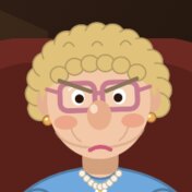 Nonna Connie, curly blonde hair and pink glasses