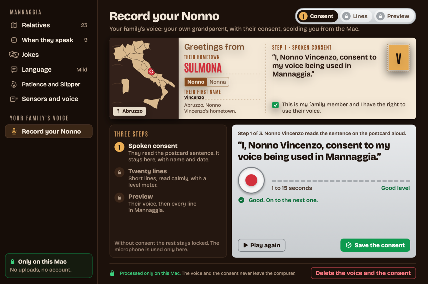 Real app: Record your Nonno, step one, the spoken consent sentence