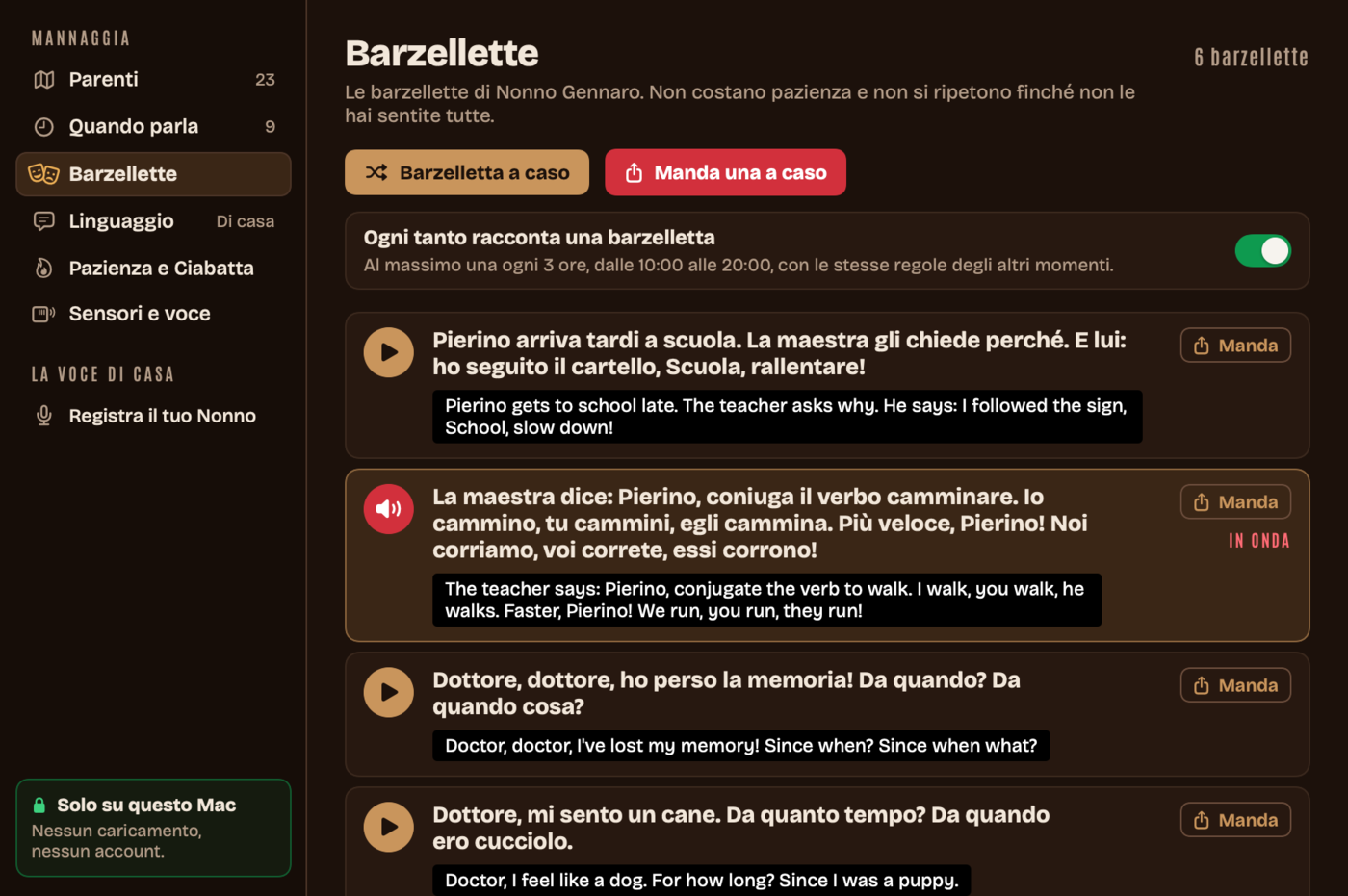 Real app window: Barzellette, a list of jokes with Italian and English text